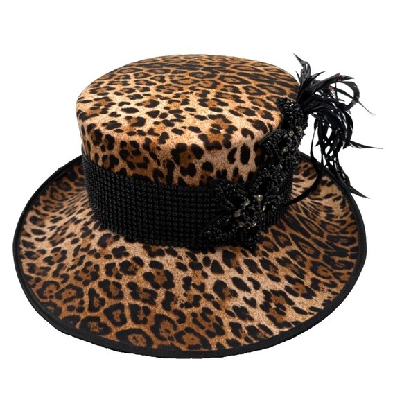 Women\'s Leopard Print Hat Church Wedding Derby Feather Rhinestone Whittall Shon main image 4